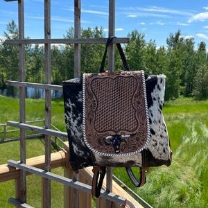 🔥💜 Myra Bag Hand-Tooled leather cowhide Backpack Canvas bull boho western New